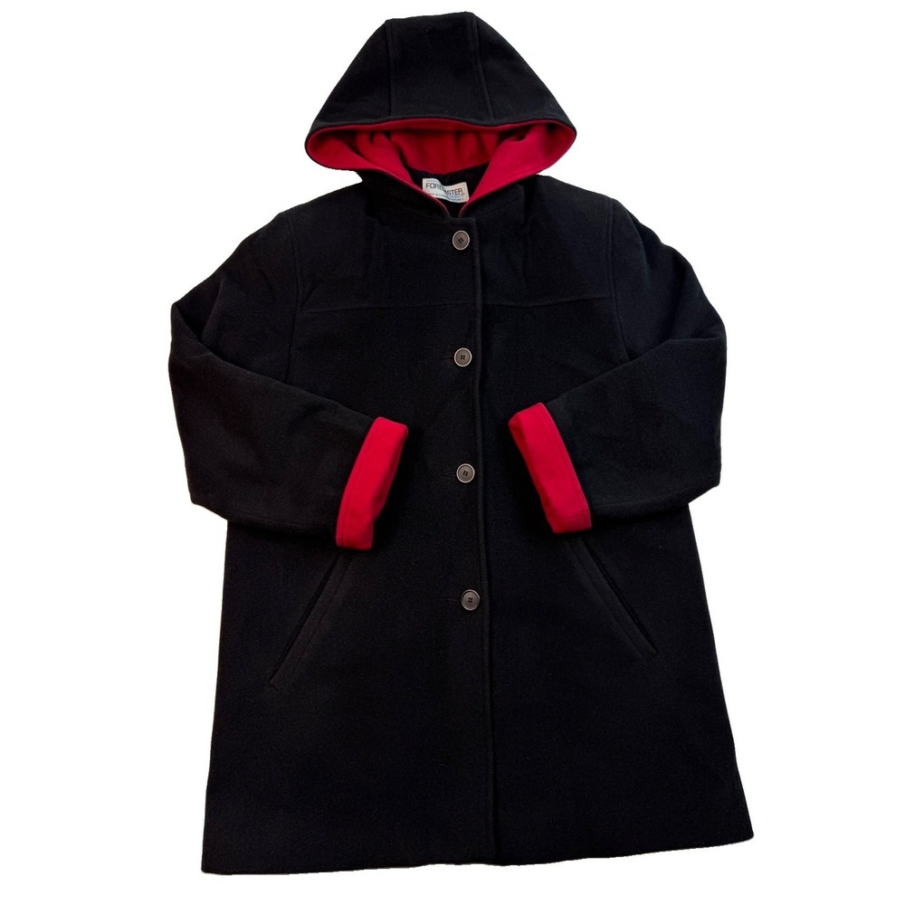 Vintage 90s Forecaster Wool Blend Hooded Car Coat Black Red Size 6
